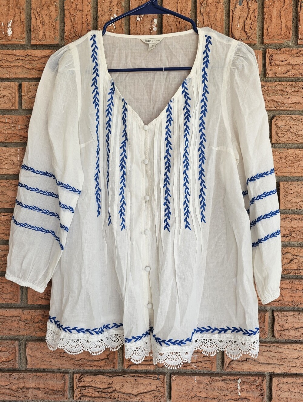NWOT Cato White Peasant Blouse with Blue Embroidery Size S